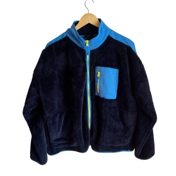 J.Crew Superplush Sherpa Full-zip Jacket Large Navy Blue Yellow - Picture 2 of 12